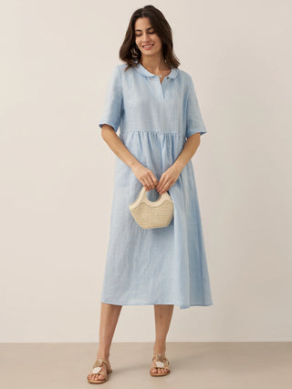 100% Linen Shawl V-Neck Pleated Maxi Dress SUSAN - Glamourous Grace