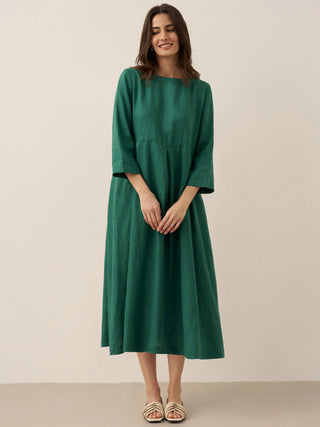 LINTICO 100% linen Bateau neck pleated maxi dress with flowing silhouette, perfect for elegant summer wear.