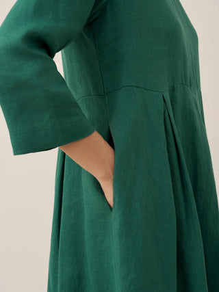 LINTICO 100% linen Bateau neck pleated maxi dress in soft natural linen fabric, flowing silhouette and elegant design.