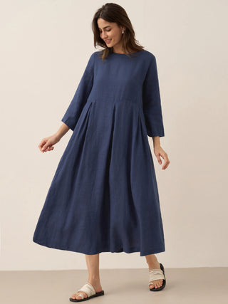 LINTICO 100% linen Bateau neck pleated maxi dress with flowing silhouette, perfect for casual or elegant summer wear.