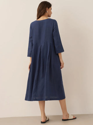 100% Linen Bateau Neck Pleated Maxi Dress