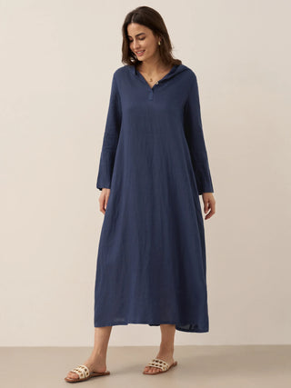 100% Linen Hooded Pullover Maxi Dress REBECCA - Glamourous Grace
