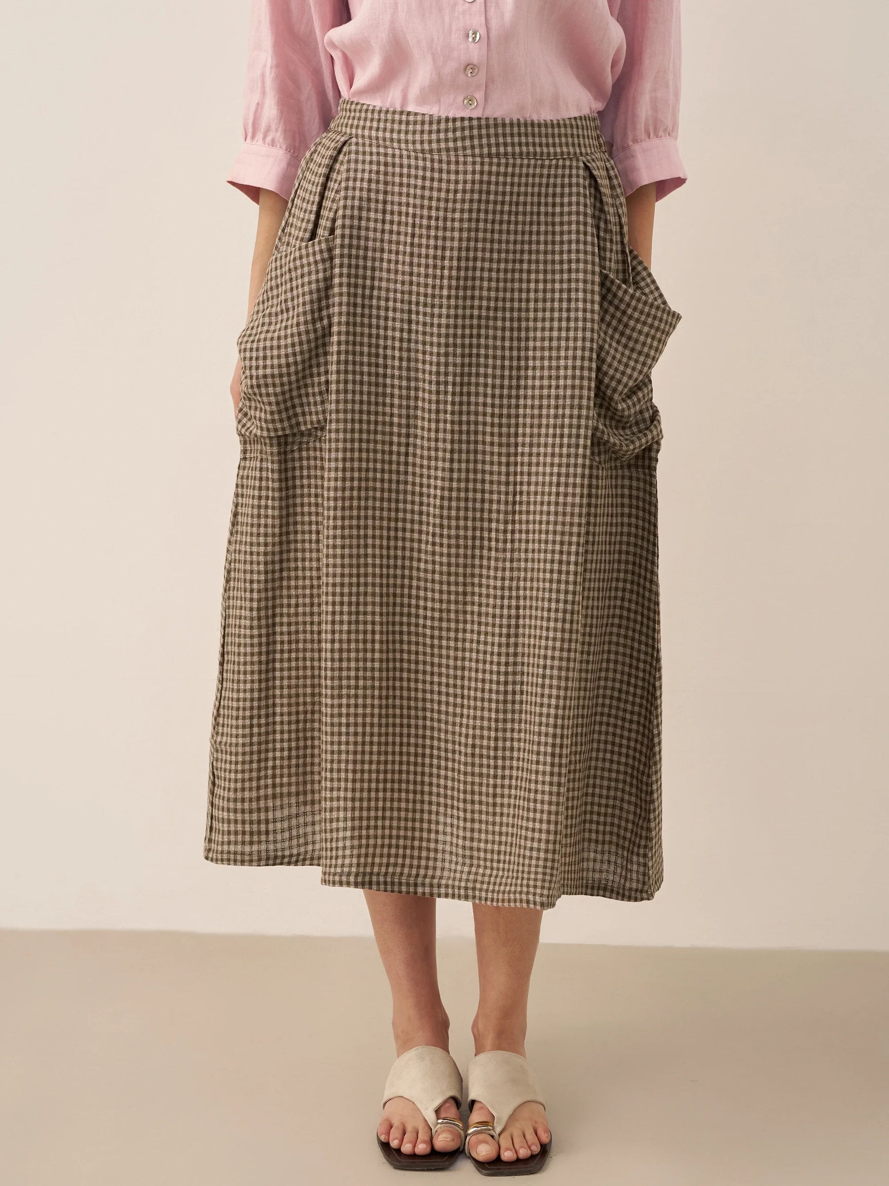 Linen Checked Elastic Waist Skirt MARINA - Glamourous Grace