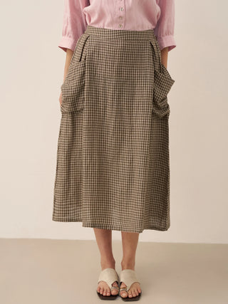Linen Checked Elastic Waist Skirt MARINA - Glamourous Grace