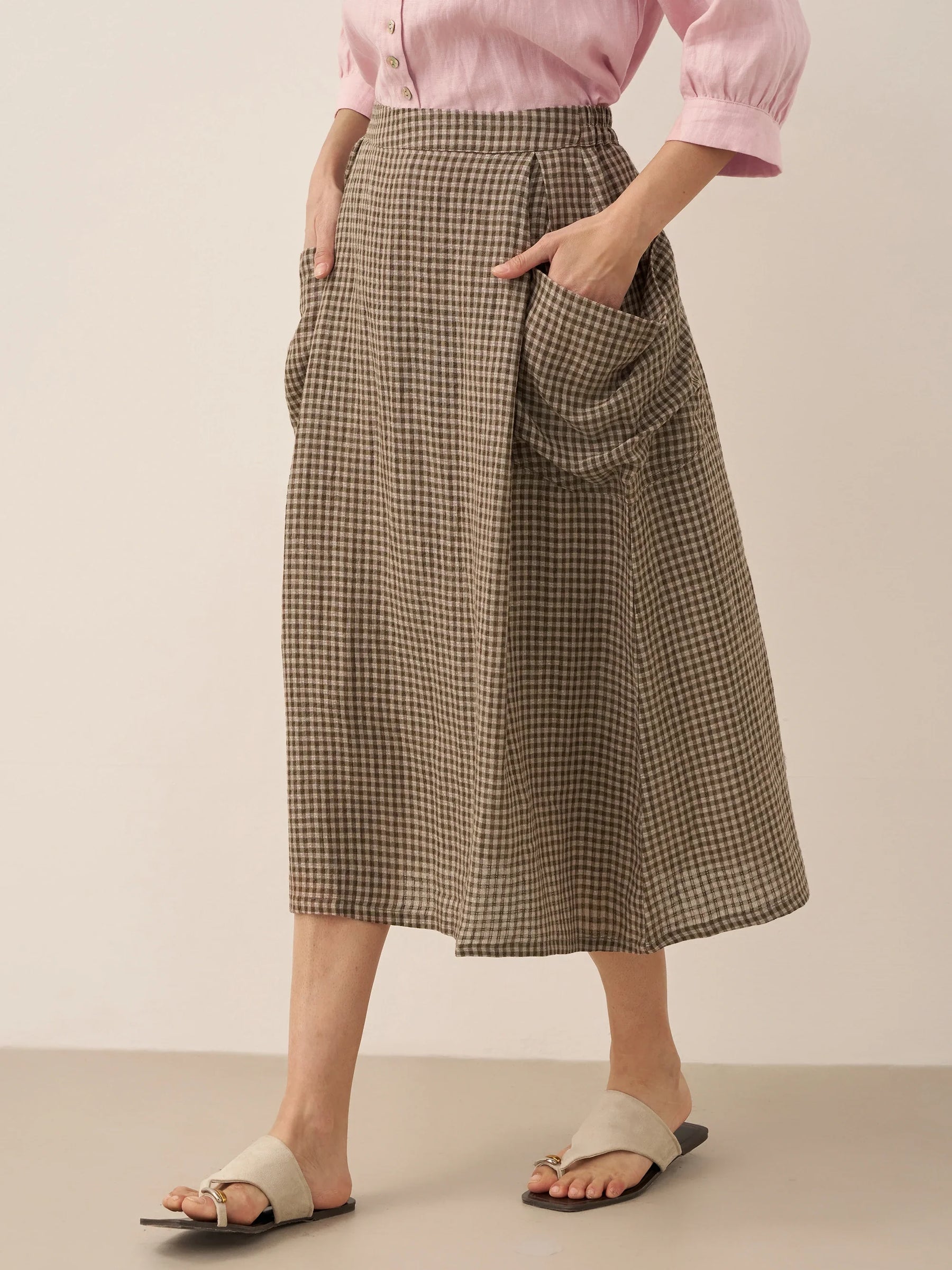 Linen Checked Elastic Waist Skirt MARINA - Glamourous Grace