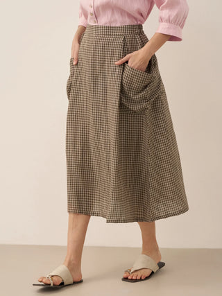 Linen Checked Elastic Waist Skirt MARINA - Glamourous Grace