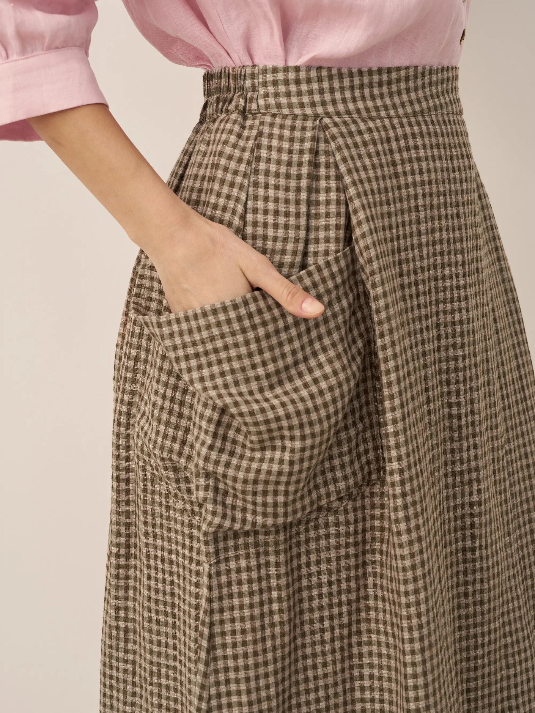 Linen Checked Elastic Waist Skirt MARINA - Glamourous Grace