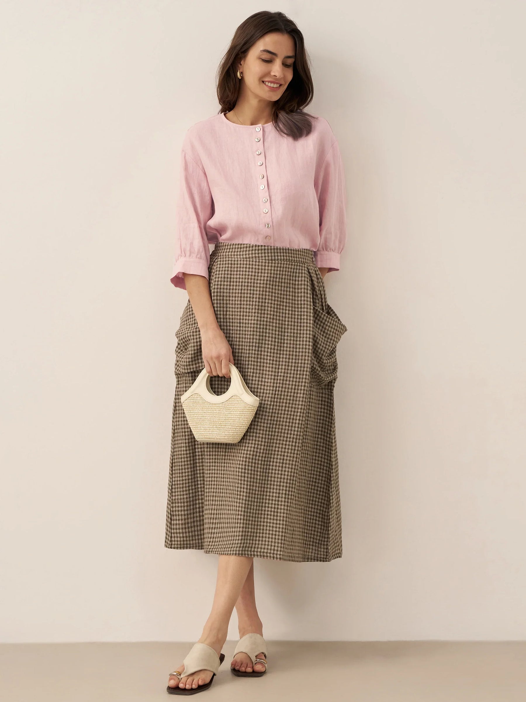 Linen Checked Elastic Waist Skirt MARINA - Glamourous Grace