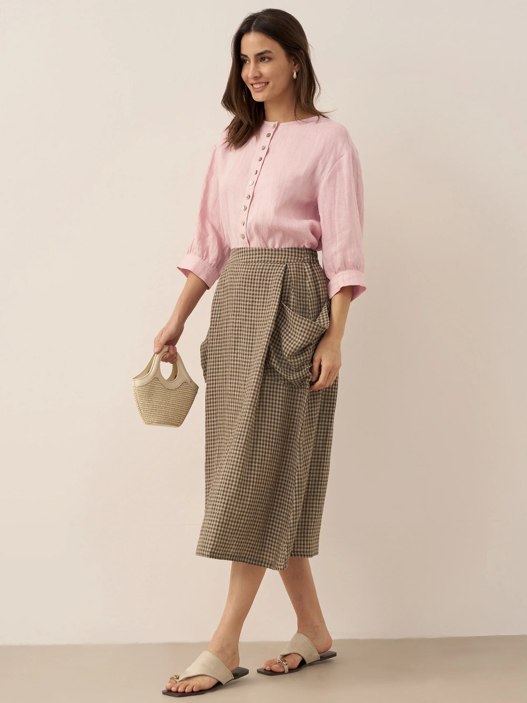 Linen Checked Elastic Waist Skirt MARINA - Glamourous Grace