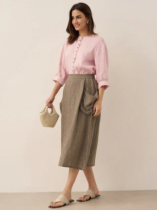 Linen Checked Elastic Waist Skirt MARINA - Glamourous Grace