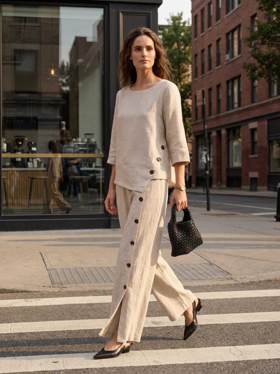 100% Linen Asymmetric-Hem Button-Trim Top NYLA - Glamourous Grace