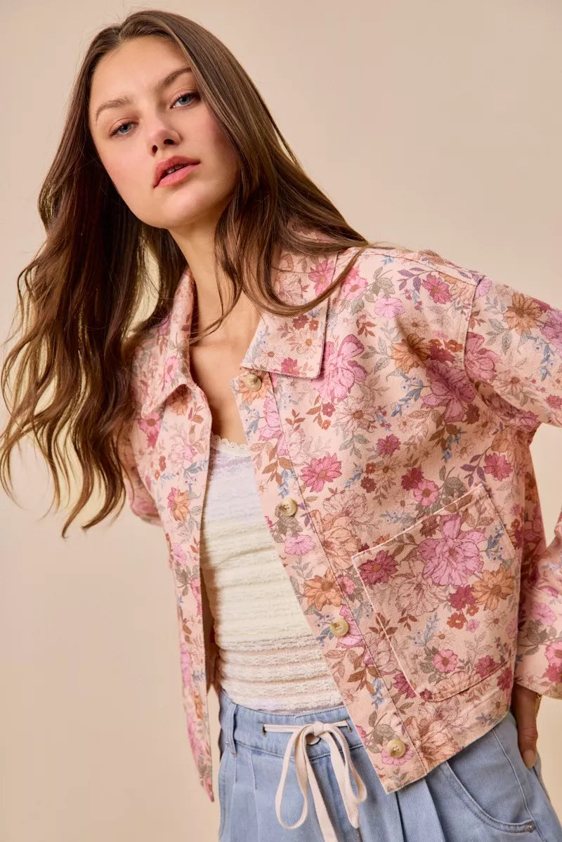 SO ME Floral Print Cotton Twill Button Down Barn Jacket - Glamourous Grace