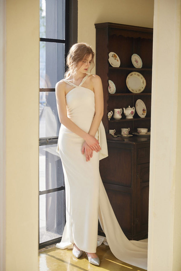 Pearl Strap Halter Satin Wedding Dress with Dramatic Back Bow and Train - Glamourous Grace