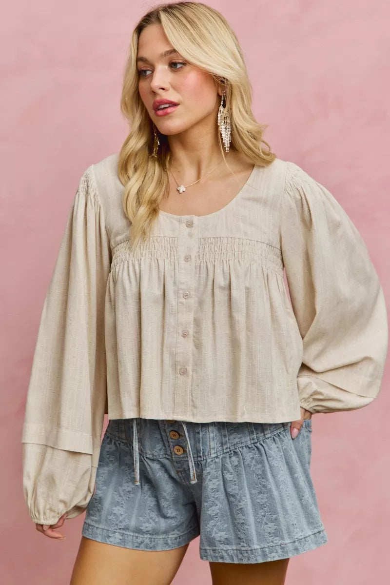 SO ME Linen Blend Woven Long Sleeve With Smocking Top - Glamourous Grace