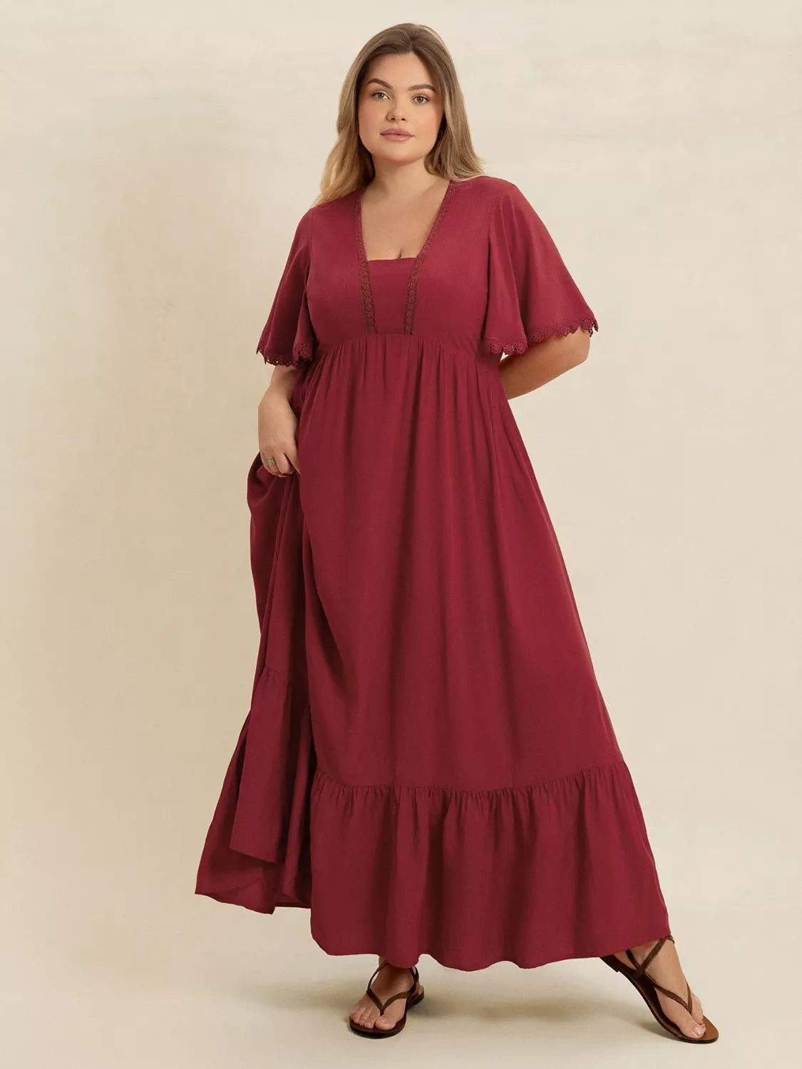 Plus Size Lace Detail Flutter Sleeve Maxi Dress - Glamourous Grace