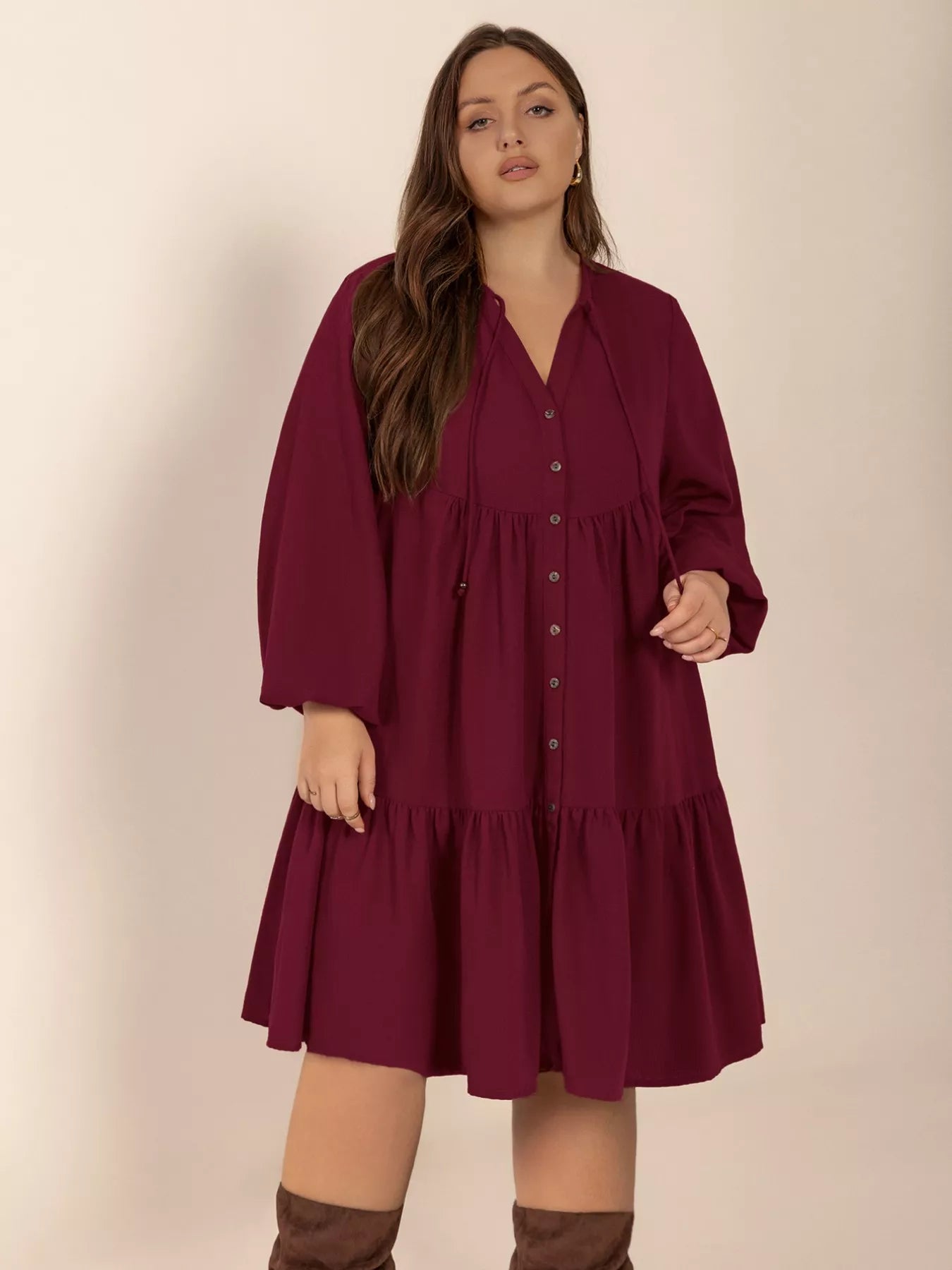 Plus Size Button Front Balloon Sleeve Dress - Glamourous Grace