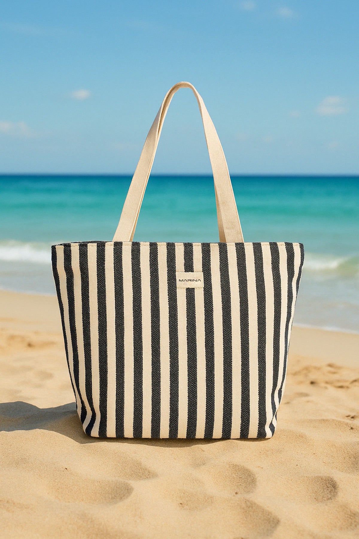 Navy Striped Cotton Beach Bag with Zipper CA2503-2 - Glamourous Grace