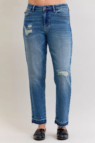 Judy Blue Mid Rise Patch & Repair Destroy Release Hem Boyfriend Jeans