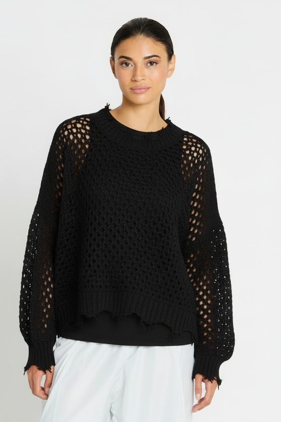 Pima Cotton Hamptons Crewneck Crochet Sweater - Black - Glamourous Grace