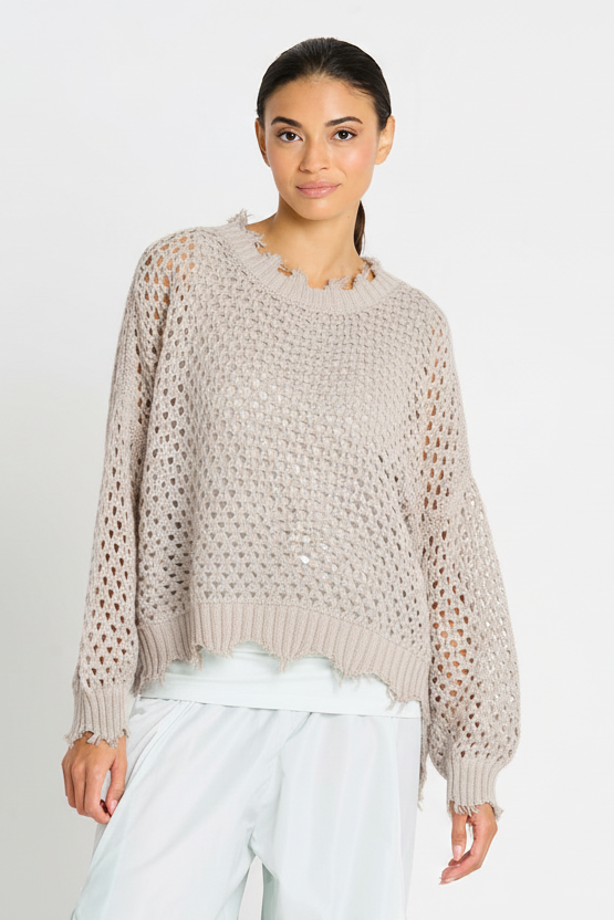 Pima Cotton Hamptons Crewneck Crochet Sweater - Putty - Glamourous Grace