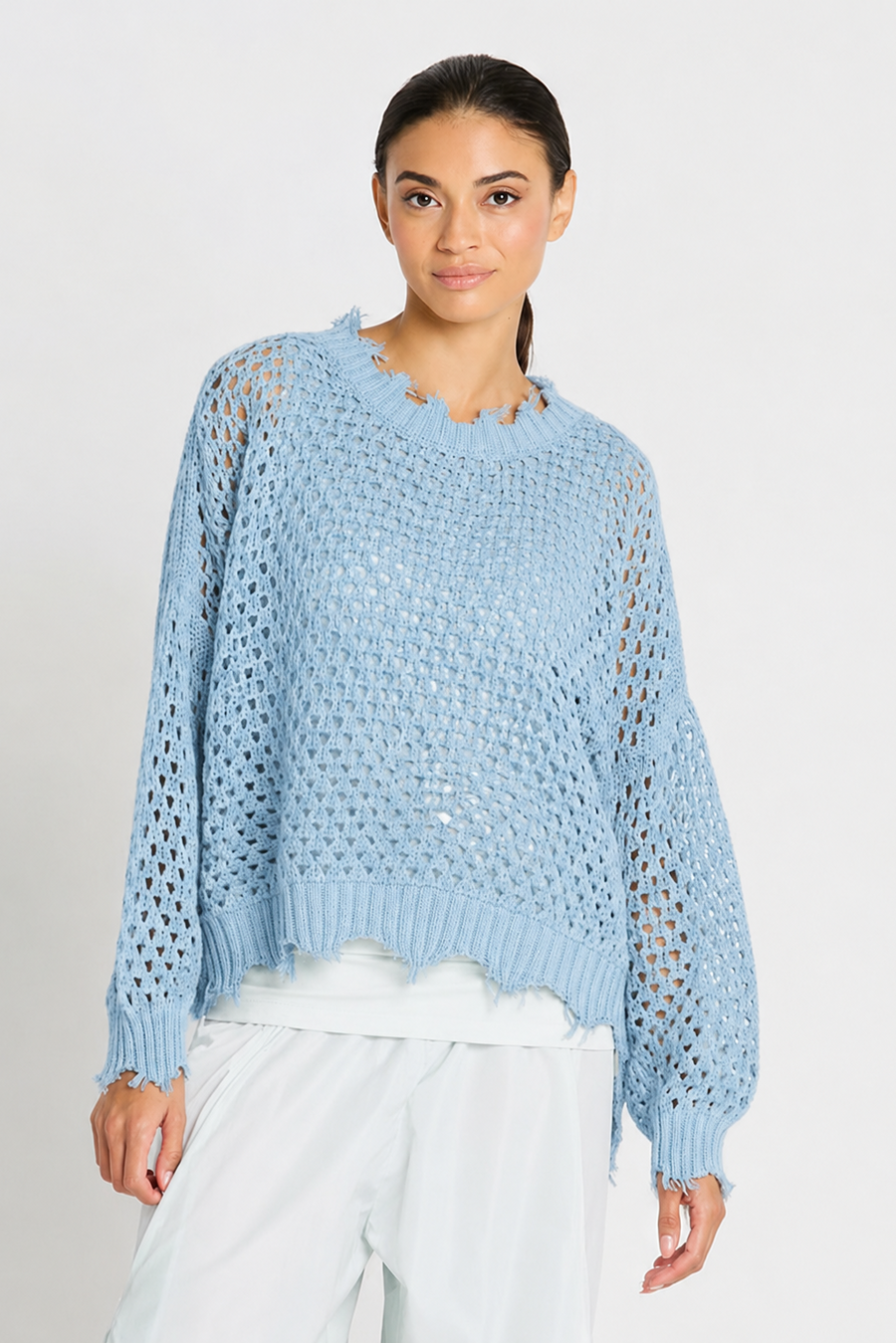 Pima Cotton Hamptons Crewneck Crochet Sweater - Cameo - Glamourous Grace