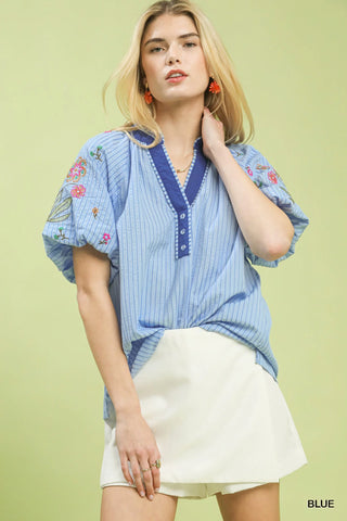 Umgee Embroidered Stripe Top in Blue - Glamourous Grace