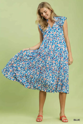 Umgee Leaf Print Midi Tiered Dress with Side Pockets - Glamourous Grace
