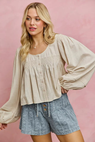 SO ME Linen Blend Woven Long Sleeve With Smocking Top - Glamourous Grace