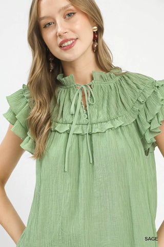 Umgee Ruffled Flutter Sleeve Textured Blouse - Glamourous Grace
