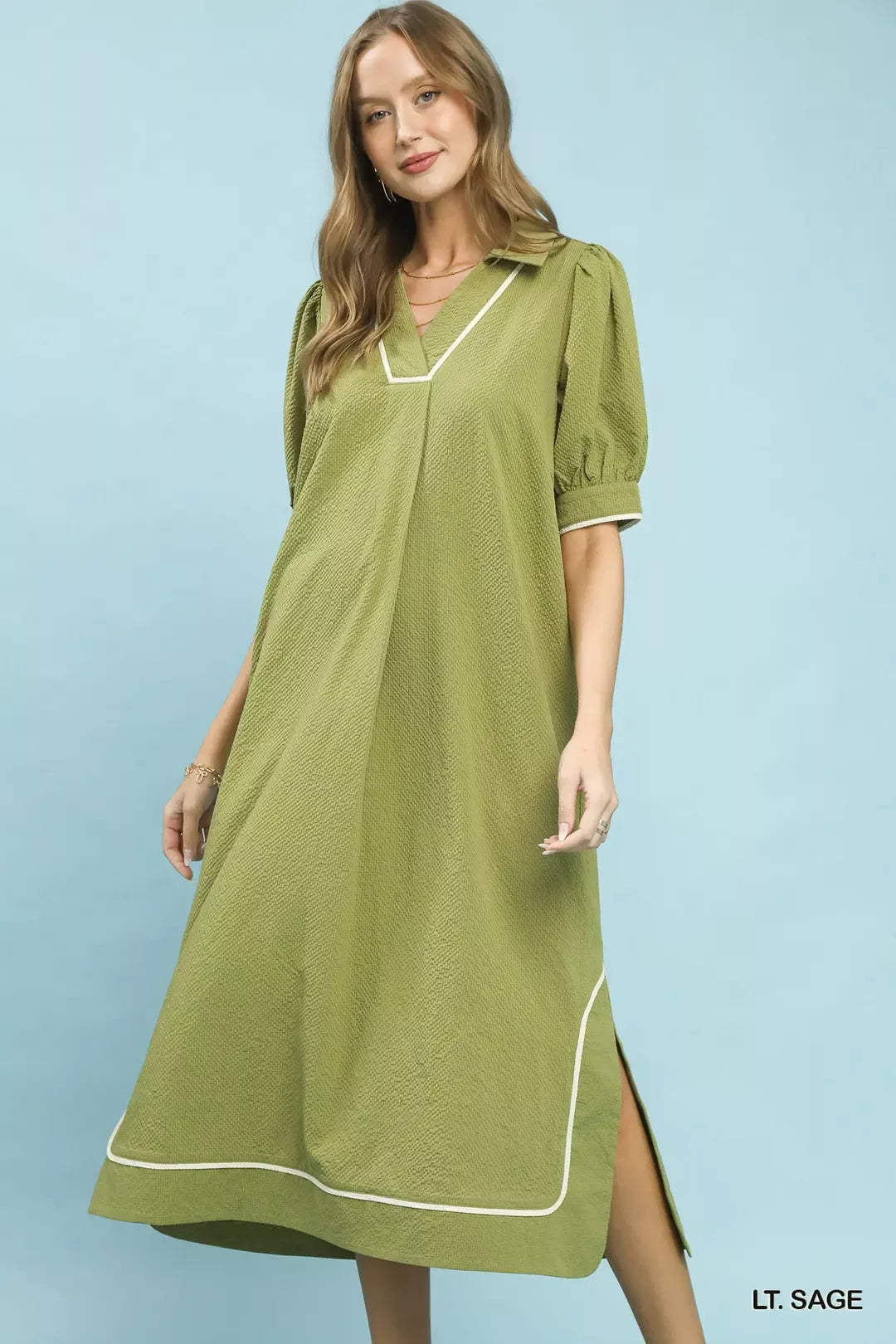 Umgee Seersucker Midi Dress with Contrast Trim - Glamourous Grace