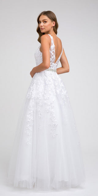 Juliet 224 V-Neck and Back Embroidered Tulle A-Line Ball Gown
