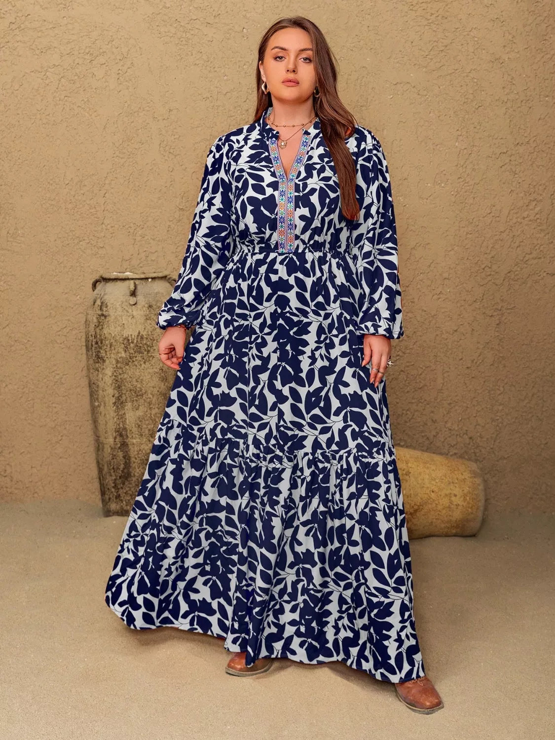 Plus Size Floral Print Notched Long Sleeve Maxi Dress - Glamourous Grace