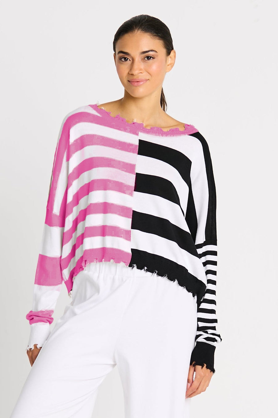 Pima Cotton Mini Mixed Up Tattered Crewneck Sweater - Black/Peony/White - Glamourous Grace