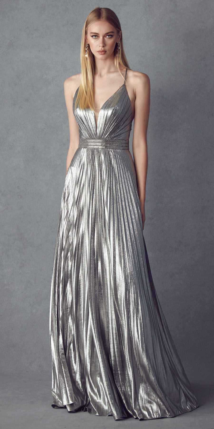 Juliet 226 Metallic Pleated Long Dress A-Line Lace-Up Back - Glamourous Grace