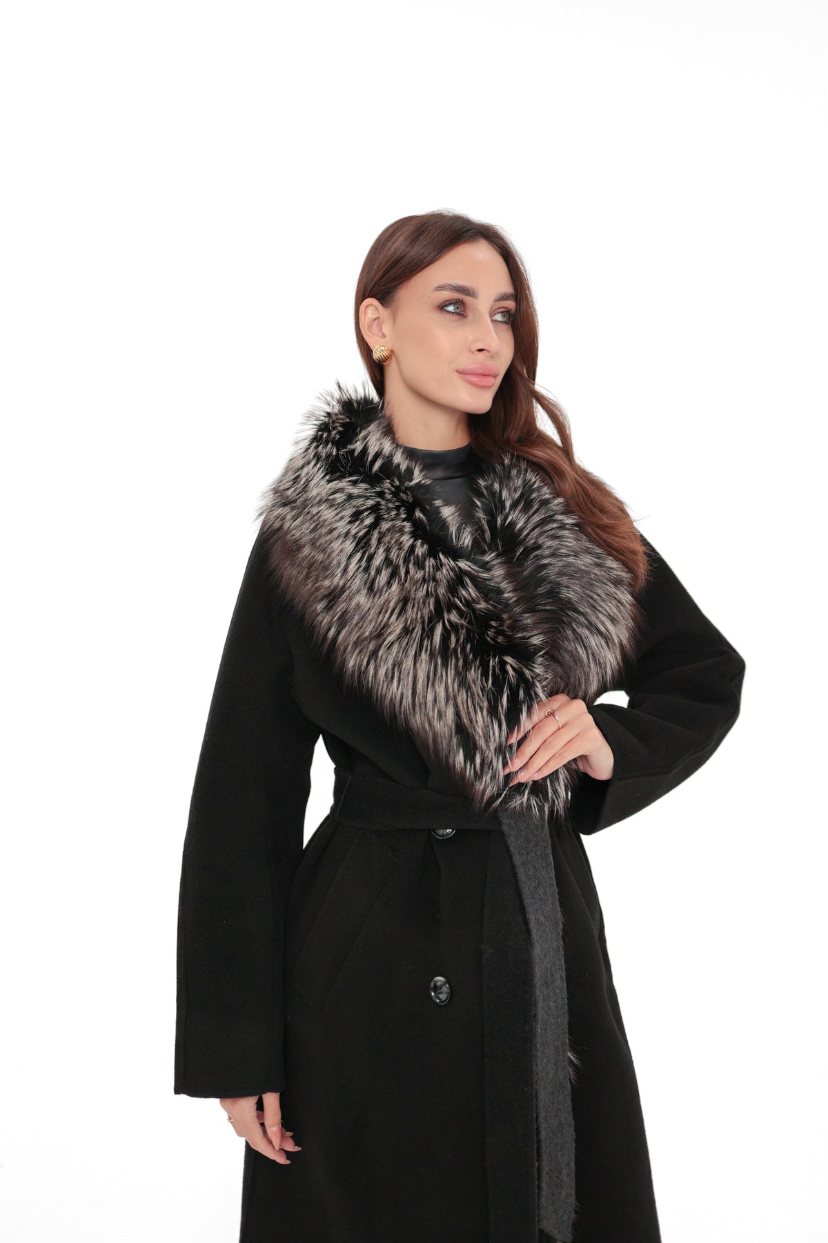 Genuine Silver Fox Cashmere Blend Coat