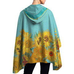 van Gogh Sunflowers Reversible Rain Cape – Lightweight Hooded Wrap for Women