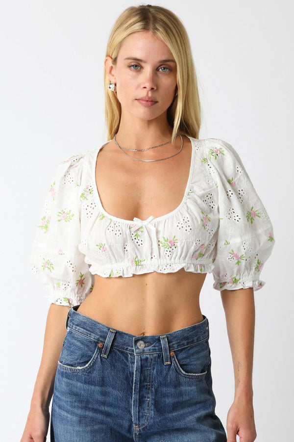 Raea Floral Eyelet Crop Top | Ivory - Glamourous Grace