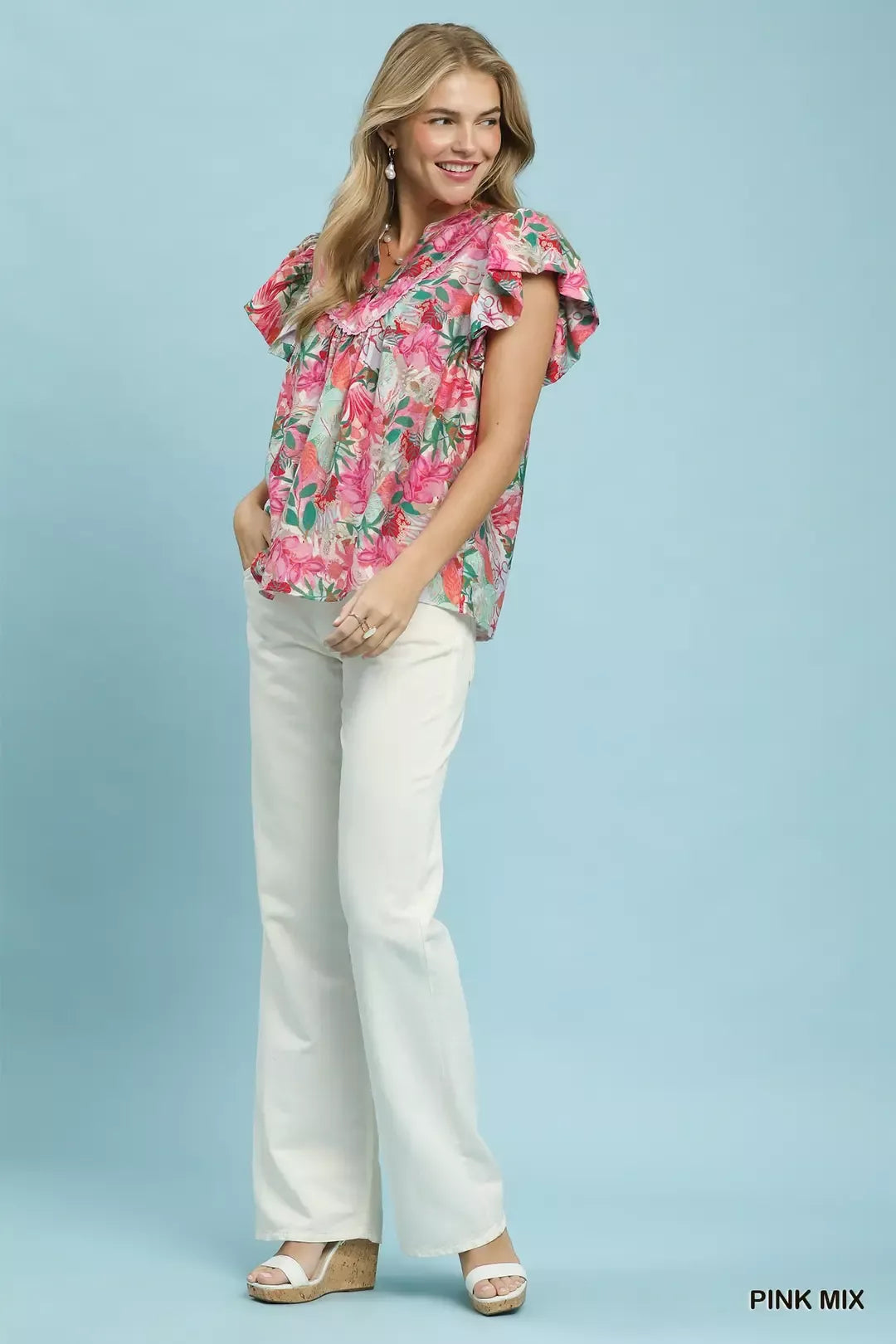 Umgee Mix Tropical Print Blouse with Ruffle Cap Sleeves - Glamourous Grace