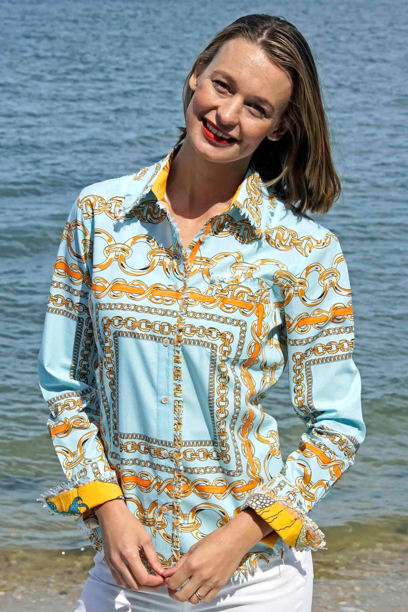 Cape Cod Tunic, Aqua Ground W Orange Links - Glamourous Grace