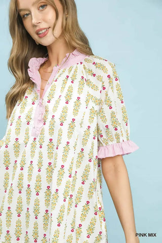 Umgee Striped Trim Floral Tiered Mini Dress - Glamourous Grace