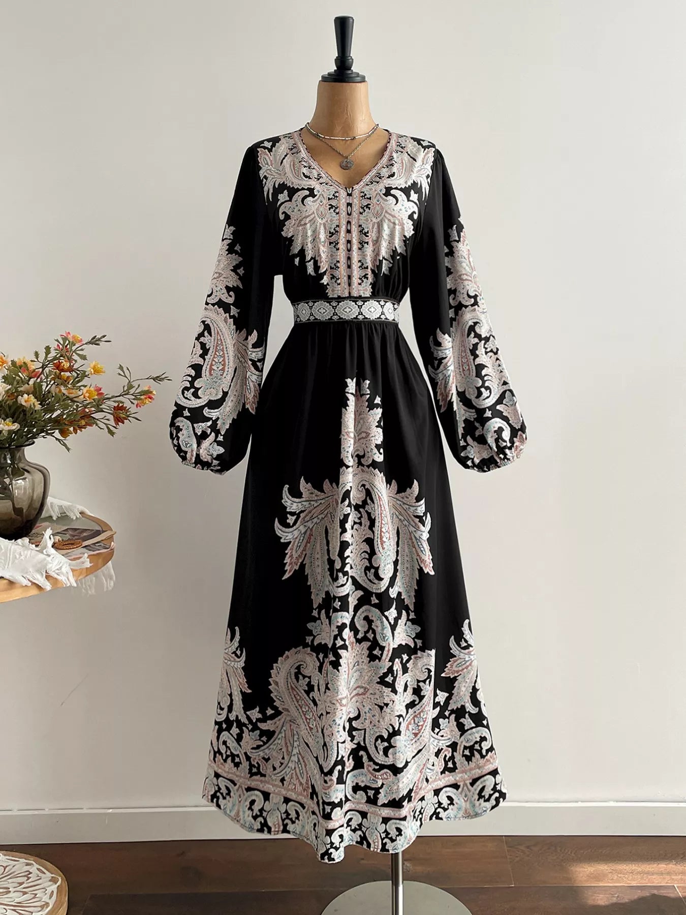 Plus Size Printed V-Neck Balloon Sleeve Dress - Glamourous Grace