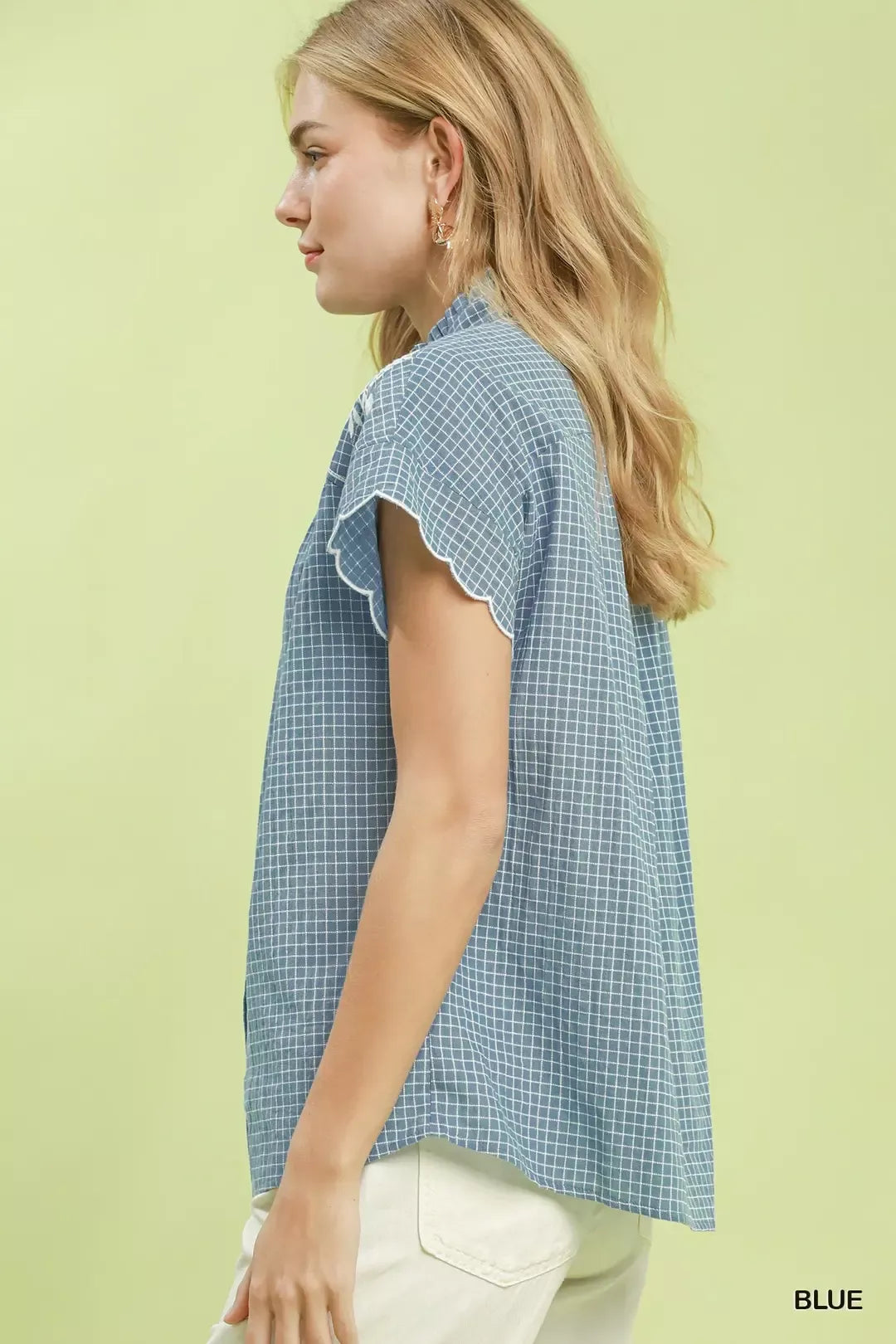 Umgee Embroidered Print Scallop Sleeve Button Front Blouse - Glamourous Grace