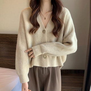 Autumn And Winter New Women's Korean-style V-neck Long-sleeved Sweater Cardigan Women's Fashionable All-matching Solid Color Top Coat