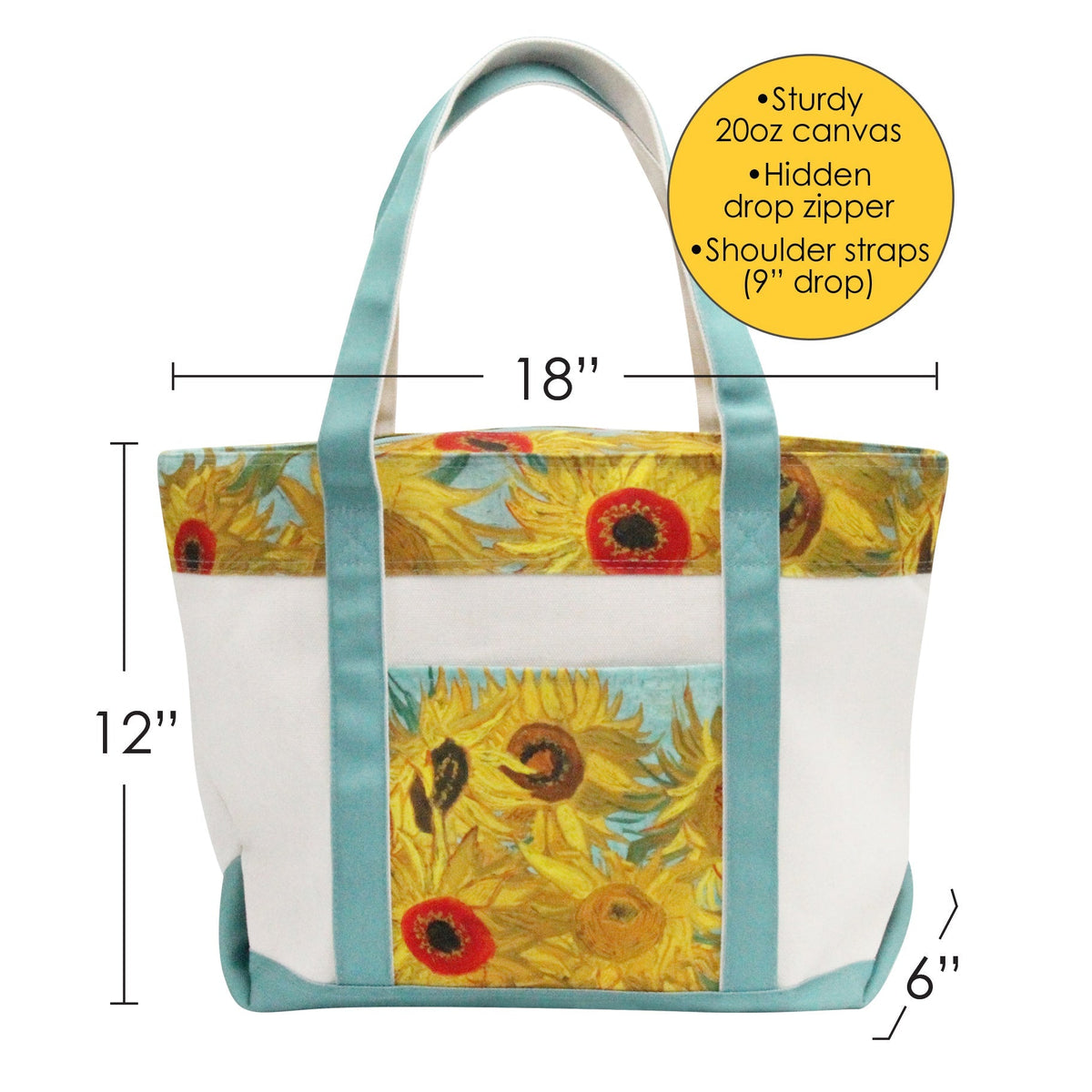van Gogh Sunflowers Large Canvas Boat Tote – Zipper Top & Pockets