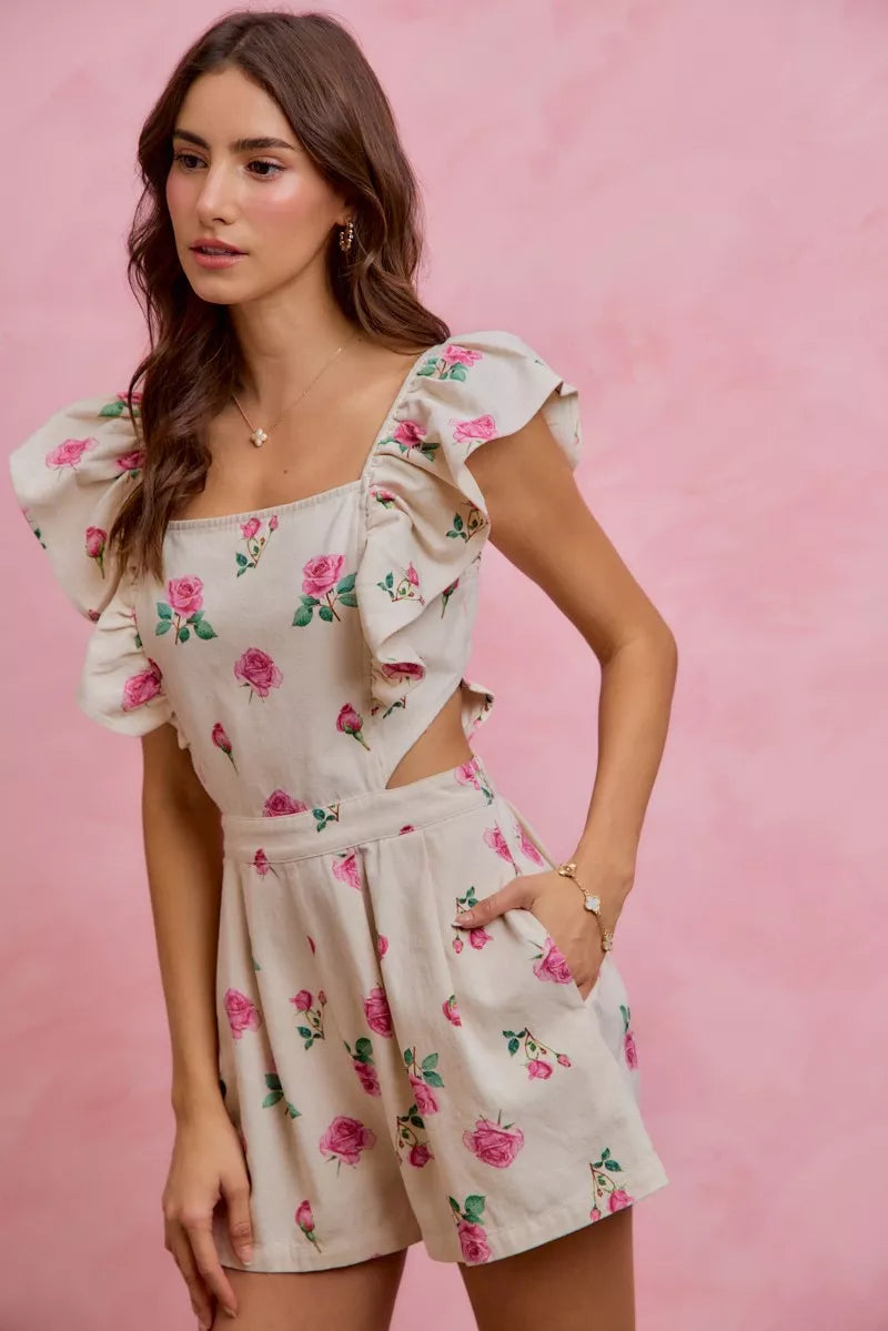 SO ME Floral Print Denim Cut Out Waist Ruffled Romper - Glamourous Grace