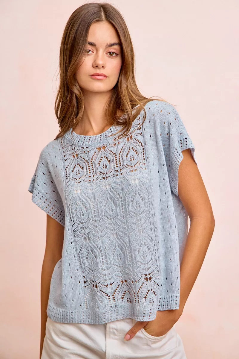 BiBi Washed Eyelet Short Sleeve Breathable Knit Top - Glamourous Grace