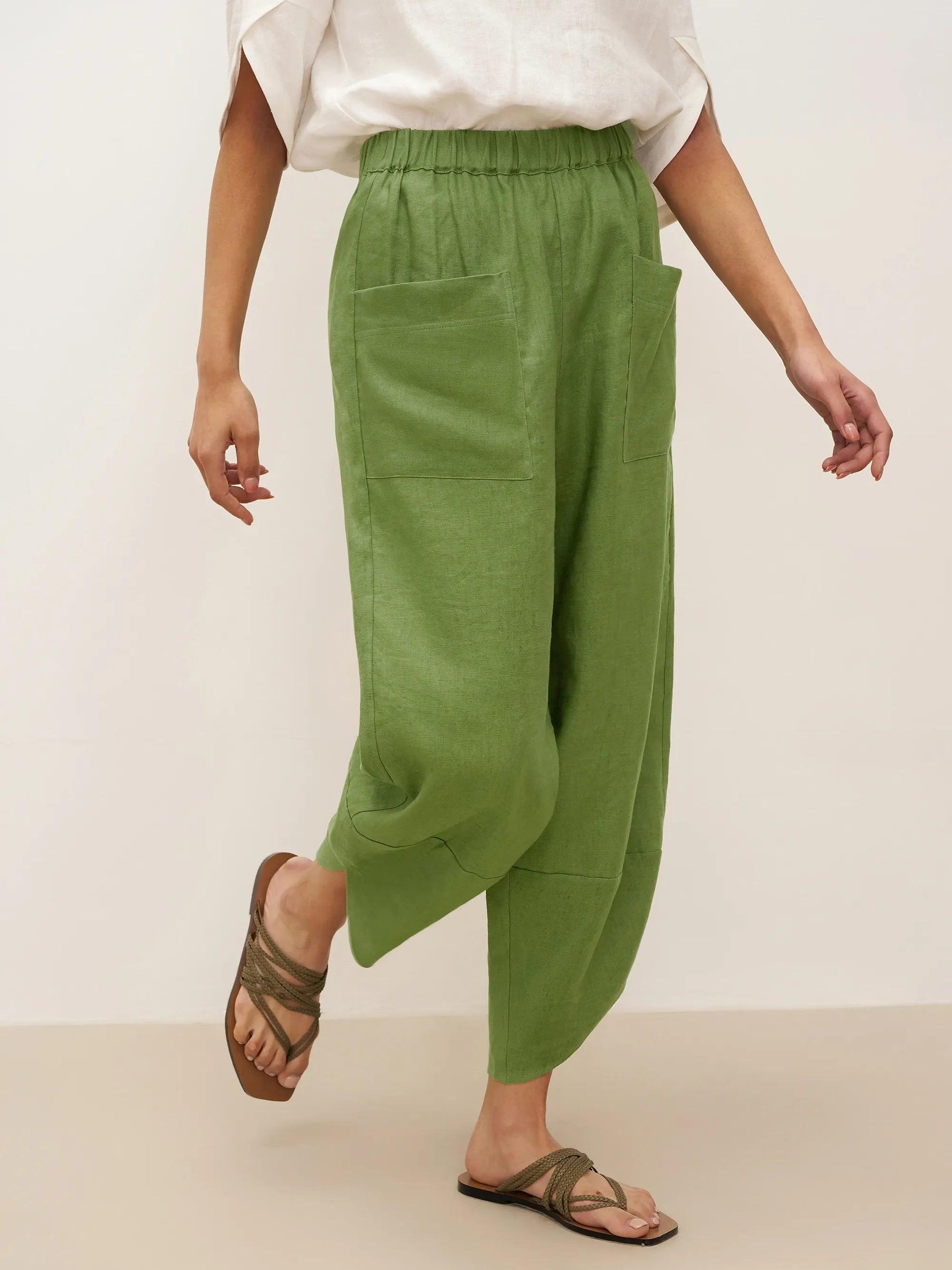 100% Linen Petal-Hem Trousers with Elastic Waist LIV - Glamourous Grace