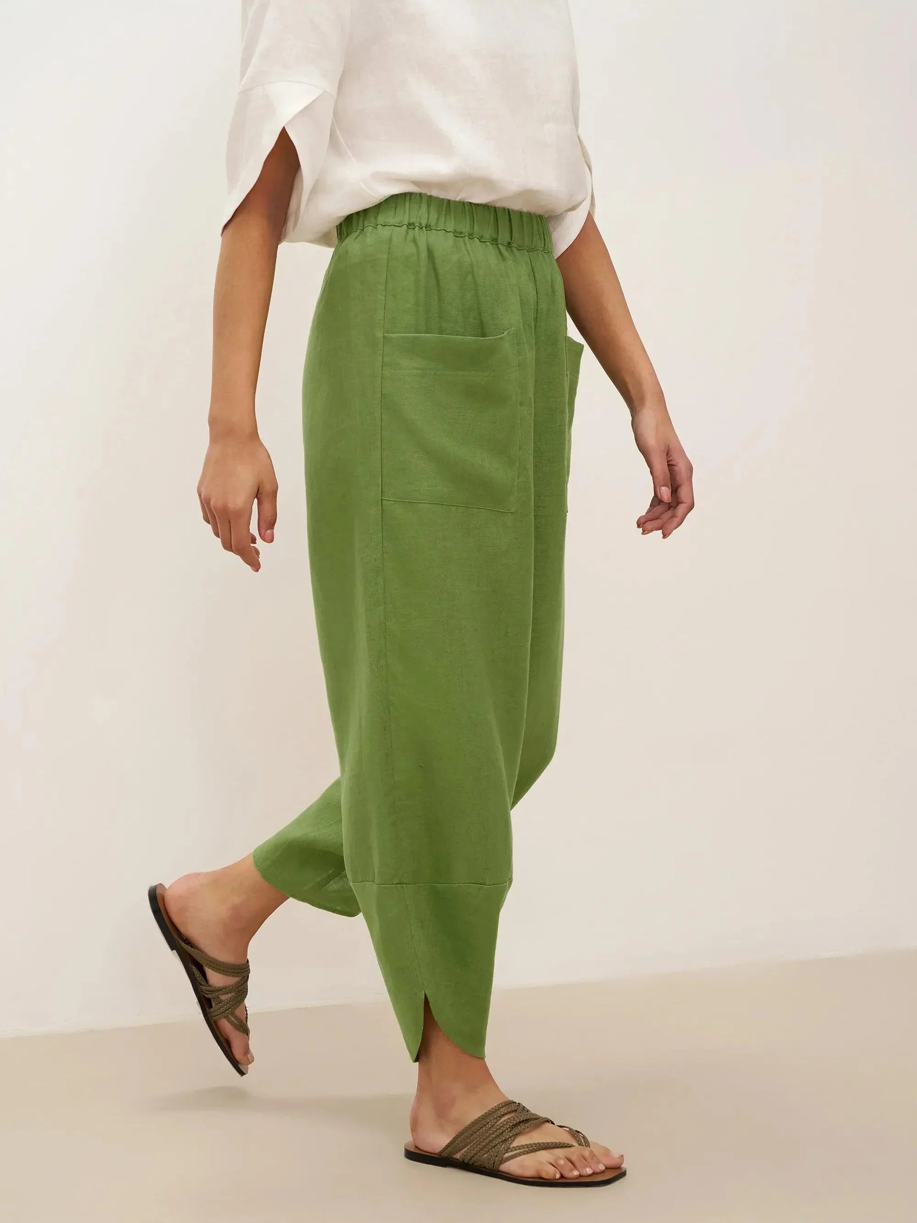 100% Linen Petal-Hem Trousers with Elastic Waist LIV - Glamourous Grace