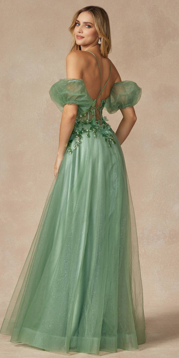 Juliet 2401 Floor Length A-Line Tulle Gown with Detachable Puff Sleeves - Glamourous Grace