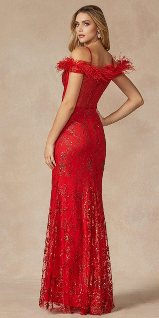 Juliet 2402 Glitter Leaf Sequin Gown with Feathered Sleeves and Slit